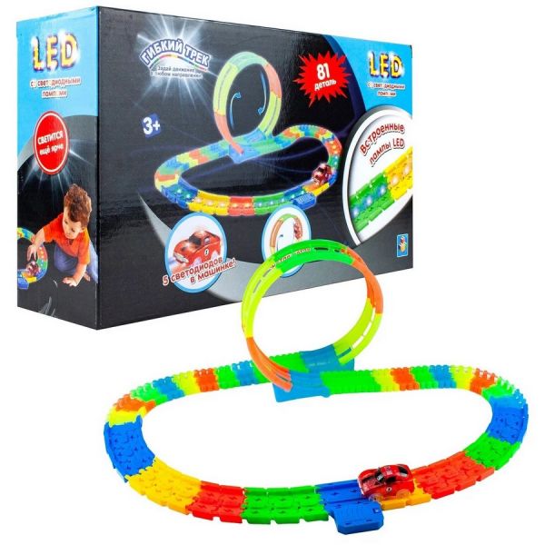 Игровой набор 1TOY Гибкий трек LED со светодиодными лампами, гоночная машина [т16188]